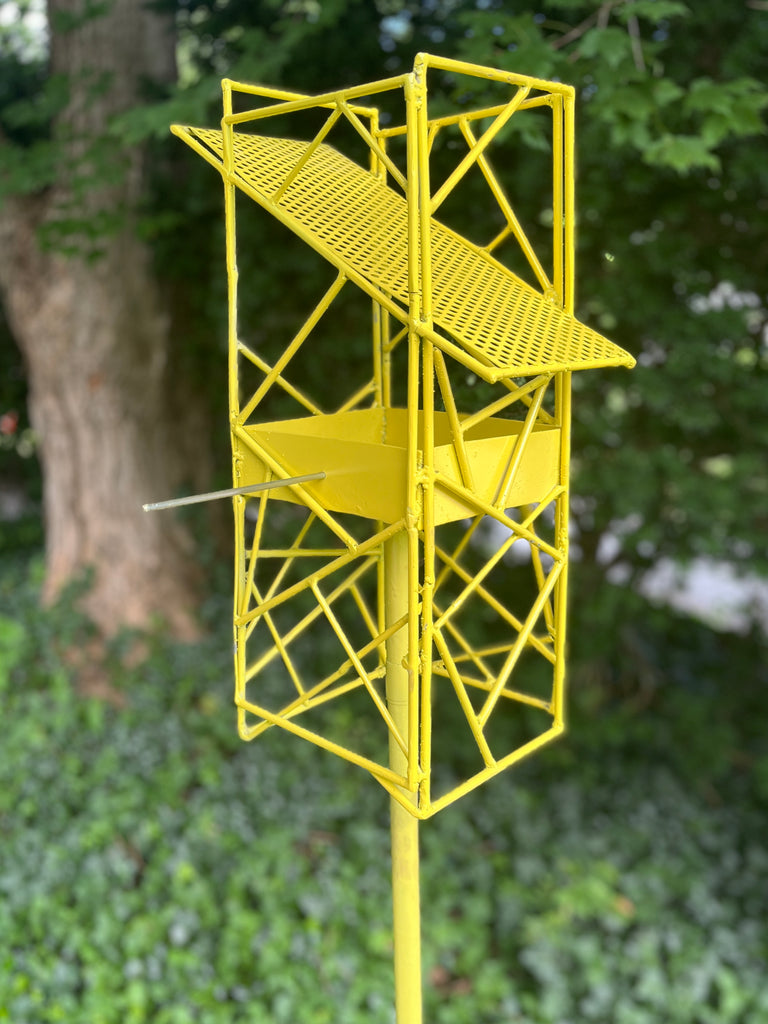 Abstract Sculptural Artistic Modern Bird Feeder in Welded Steel and Stainless Steel with Yellow spray enamel finish