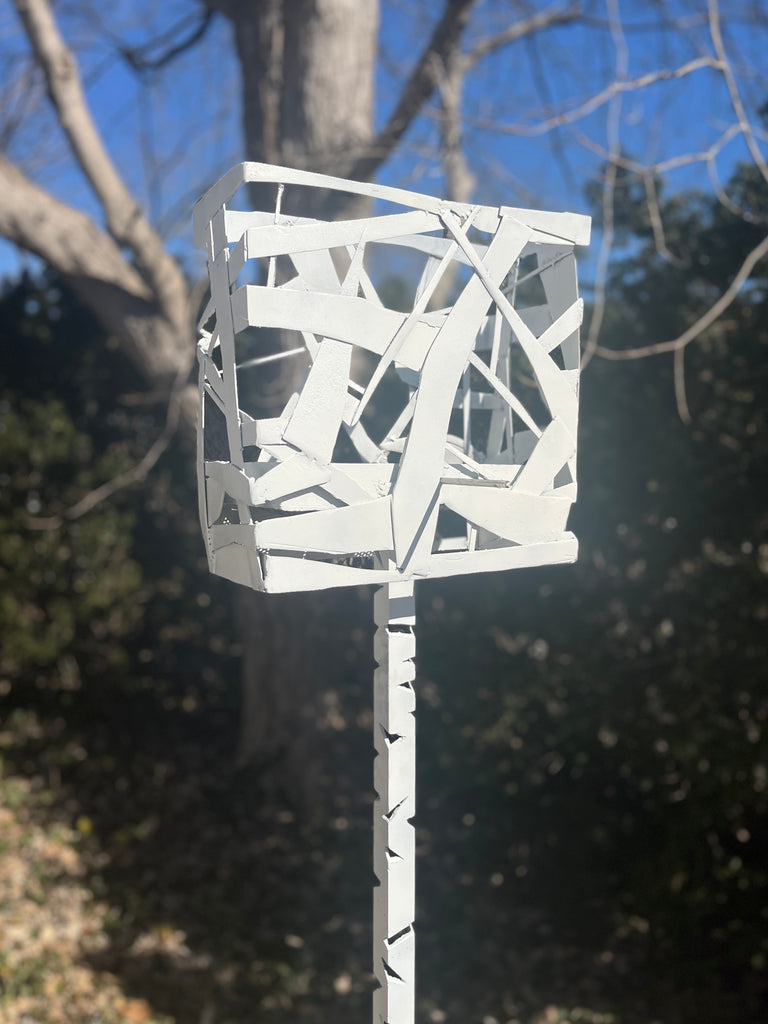 Freestanding Sculptural Modern Bird Feeder in Gloss White - Hand crafted welded steel and stainless steel garden art