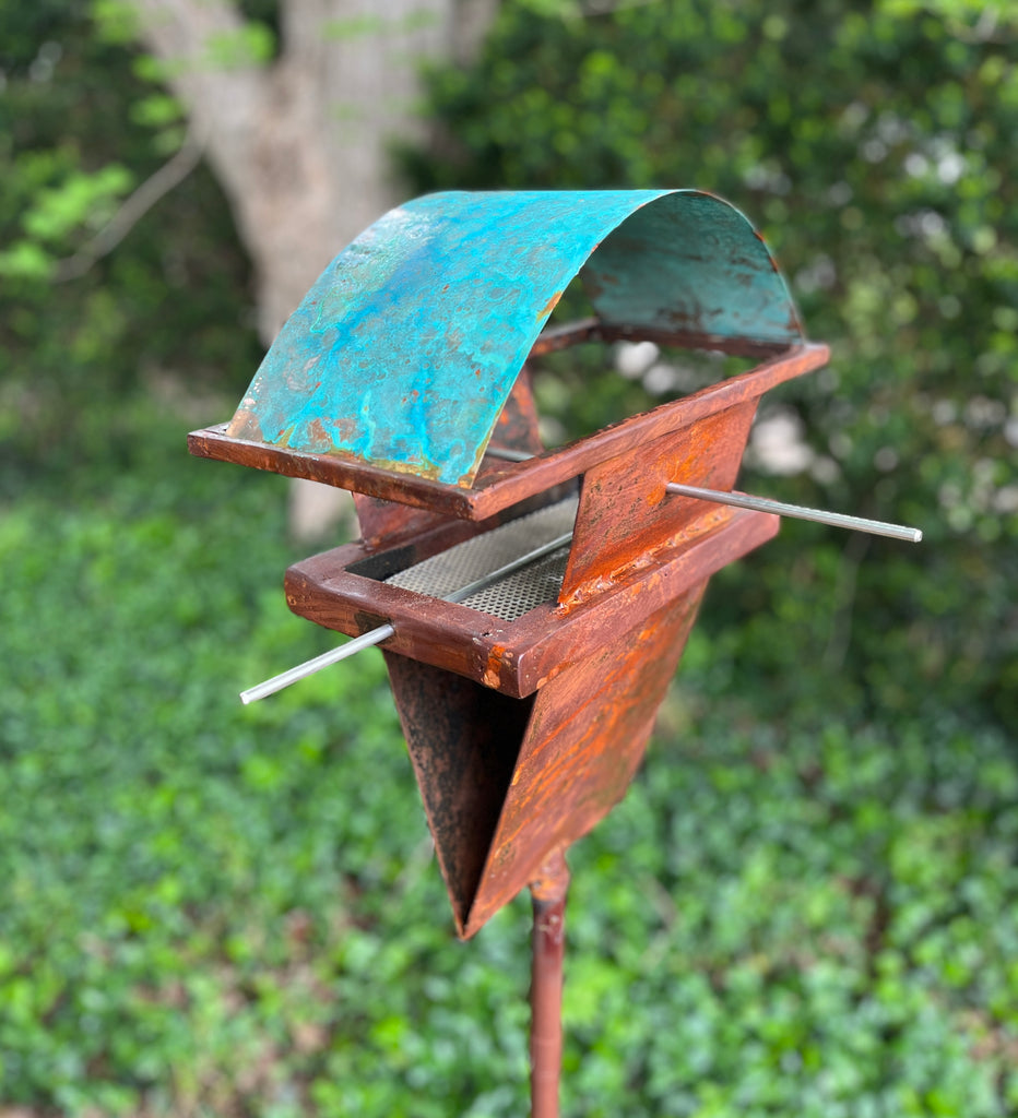 Sculptural Modern Bird Feeder #433 in Welded Steel, Stainless Steel and Copper