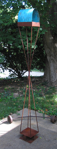 Twist Series welded steel Bird Feeder - natural patina finish with turquoise patina copper roof