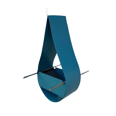 Blue teardrop shaped bird feeder