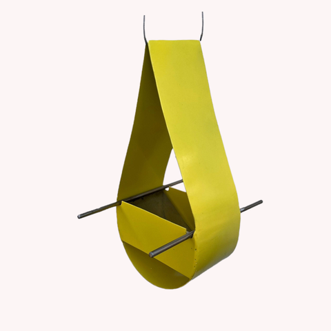 14"X 6"X 4" teardrop shaped yellow metal bird feeder 