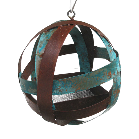 Globe shaped Hanging Bird Feeder - in Welded Steel and Turquoise patina Copper