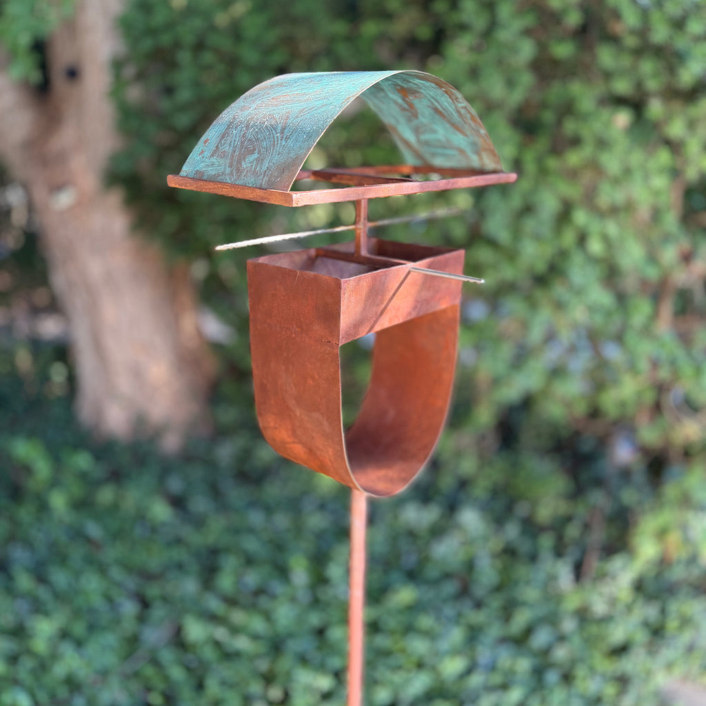 Modern Bird Feeder #452 in Welded Steel and Copper with Natural Patina