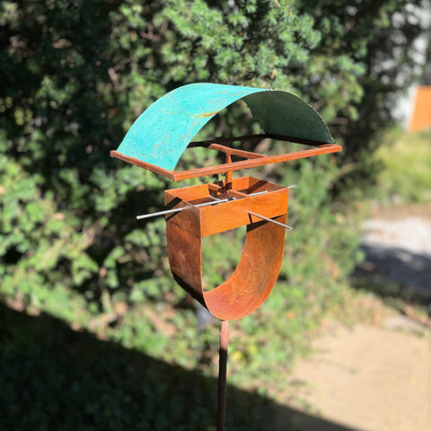 Modern Bird Feeder #453 in Welded Steel and Copper with Natural Patina