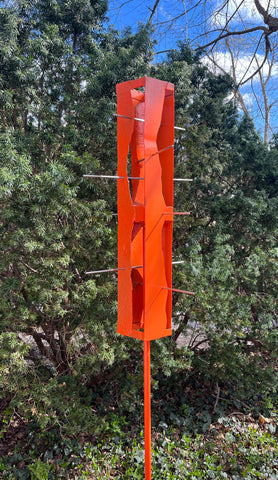 Sculptural Modern Bird Feeder #423 in Welded Steel and Stainless Steel with Orange spray enamel finish