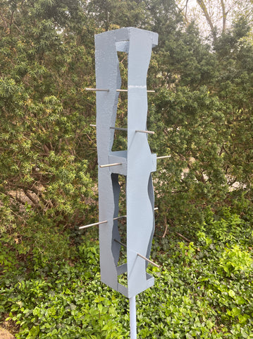 Sculptural Modern Bird Feeder #426 in Welded Steel and Stainless Steel with Slate Blue Spray Enamel Finish