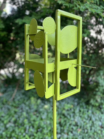Sculptural Modern Bird Feeder in Eden Green / Avocado - Welded Steel and stainless steel -  1970s Inspired Freestanding unique modern garden art