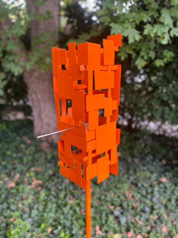 Freestanding Modern Bird Feeder finished in Orange enamel - Welded Steel and stainless steel -  Original MCM garden art
