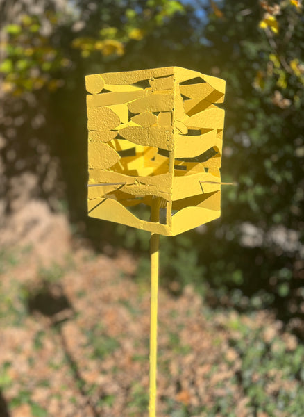 Modern Bird Feeder in Welded Steel and Stainless Steel with Yellow Squash spray enamel finish