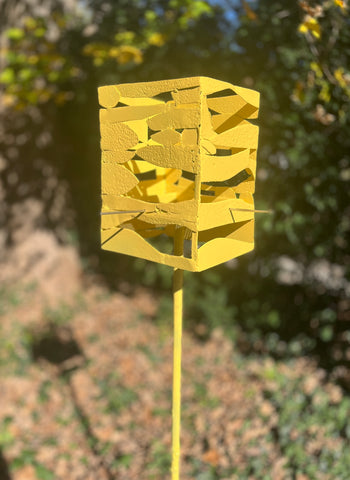 Modern Bird Feeder in Welded Steel and Stainless Steel with Yellow Squash spray enamel finish