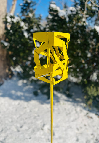 Freestanding Modern Bird Feeder finished in Lemon Yellow - Hand crafted welded steel and stainless steel garden art