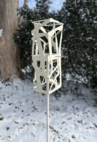 Freestanding Modern Bird Feeder finished in Heirloom White - Hand crafted welded steel and stainless steel garden art
