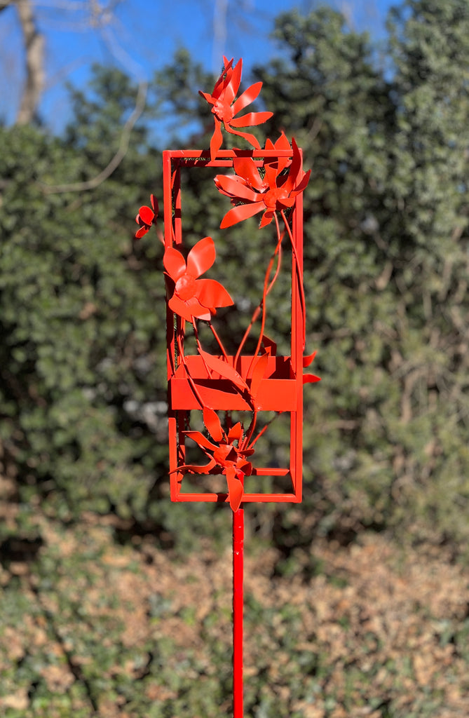 Blossom Modern Bird Feeder #3 in Welded Steel and Coral Red Spray Enamel
