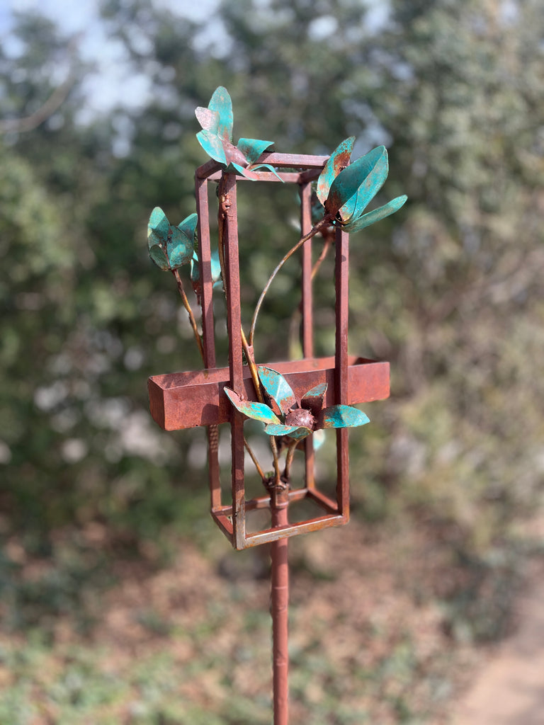 Blossom Modern Bird Feeder #7 in Welded Steel and Copper with patina finish