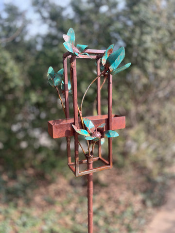 Blossom Modern Bird Feeder #7 in Welded Steel and Copper with patina finish