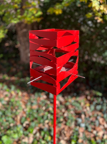 Modern Bird Feeder in Welded Steel and Stainless Steel with Red Pepper spray enamel finish