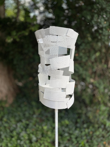 'Spin' Modern Bird Feeder #3 - perforated steel with white enamel finish