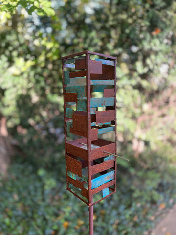 Modern Bird Feeder #448 in Welded Steel and Copper with Natural Patina