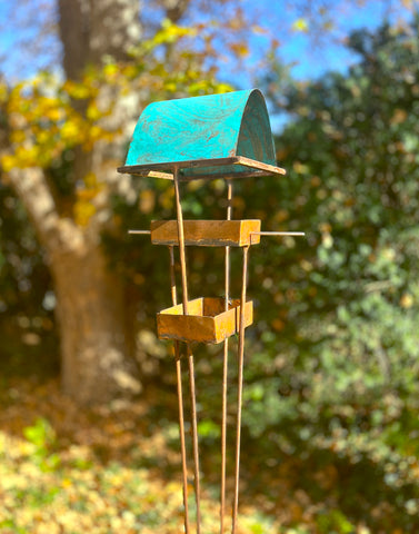 Modern Bird Feeder #449 in Welded Steel and Copper with Natural Patina