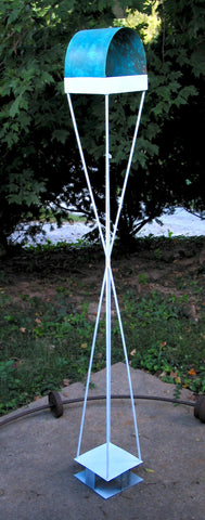 Twist Series welded steel Bird Feeder - White enamel finish with turquoise patina copper roof